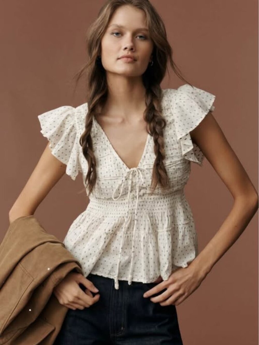 Anthropologie Flutter-Sleeve Tie Front Blouse Ivory Boho Peplum Top Size M (NWT)